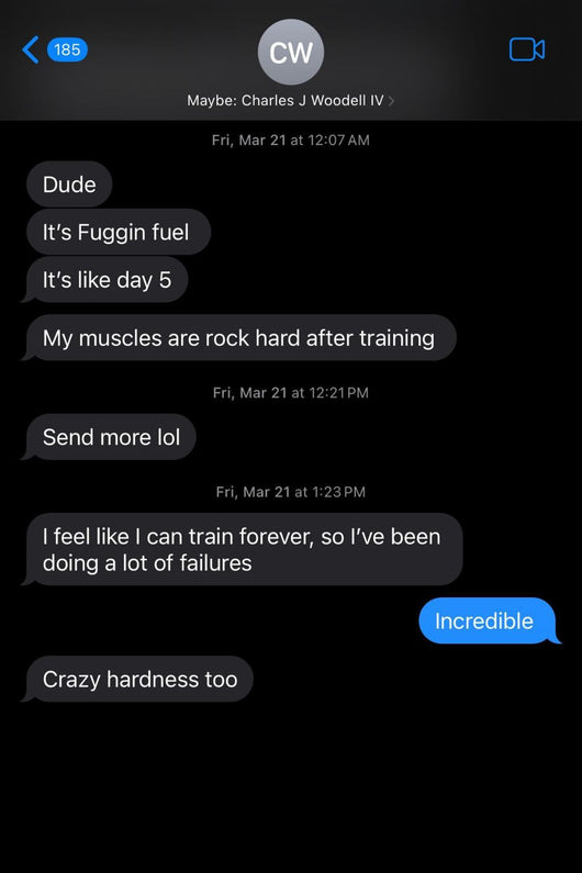 Text conversation on a smartphone screen with black background and blue text bubbles.