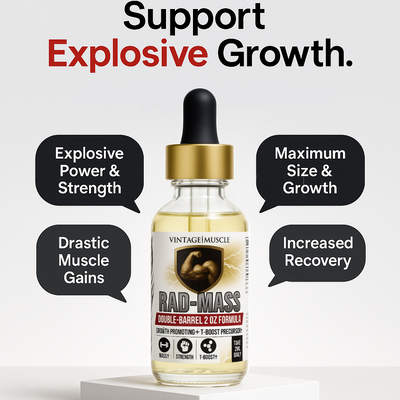 Bottle of Vintage Muscle RAD-MASS supplement with promotional text on a white background