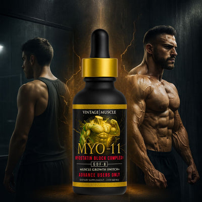 Supplement bottle labeled 'MYO-11' with muscular individuals in the background