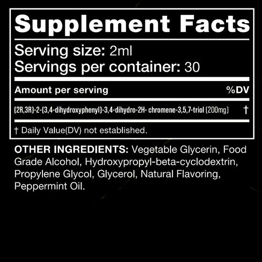 Supplement facts label with serving size, servings per container, and ingredient list on a black background.
