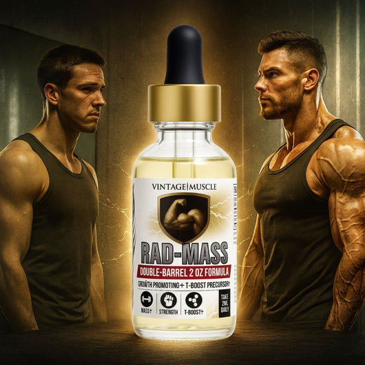 Bottle of 'Vintage Muscle RAD-Mass' supplement with two muscular men in the background.