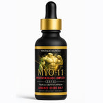 Black supplement bottle with gold cap labeled 'Vintage Muscle MYO-11' on a white background